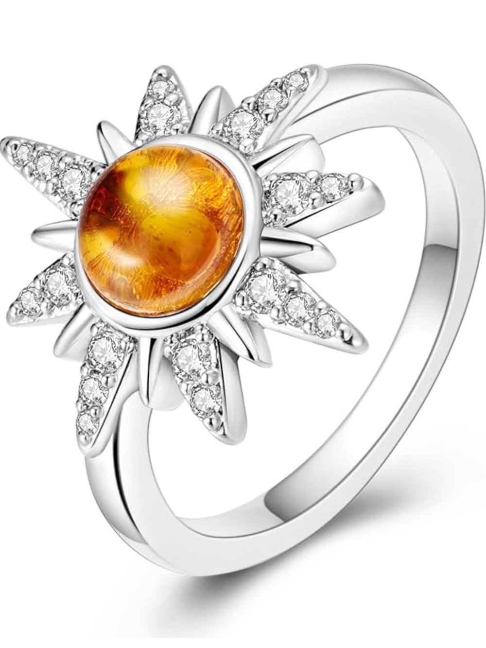 Sunburst Amber-Center Sterling Ring Size 8